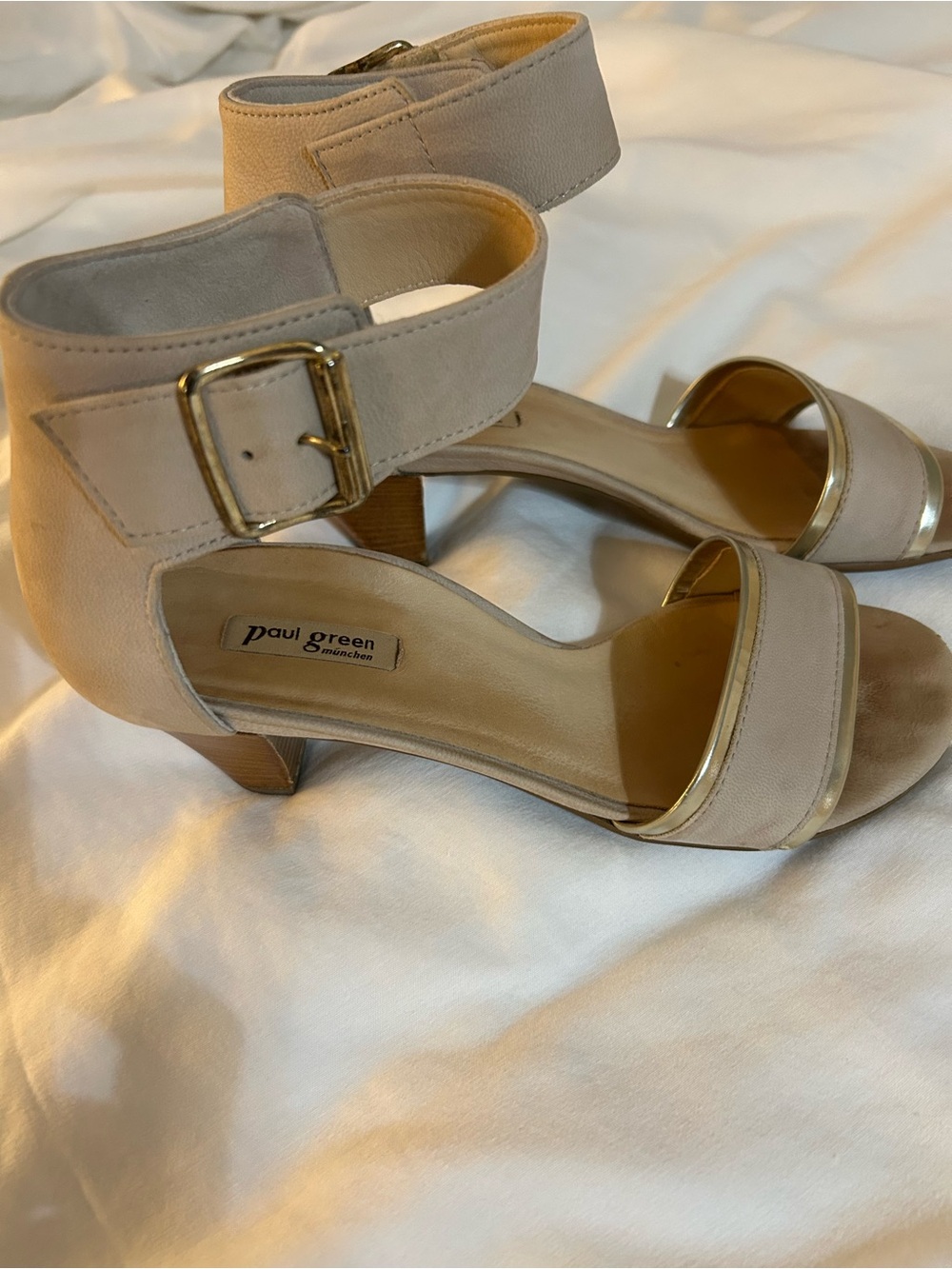 Paul Green Neutral Beige Ankle-Strap Sandals with Gold Trim